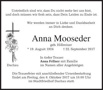 Traueranzeige von Anna Mooseder von merkurtz