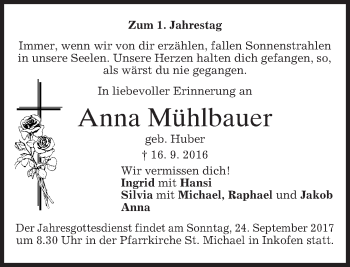 Traueranzeige von Anna Mühlbauer von merkurtz