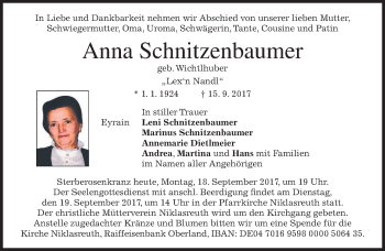 Traueranzeige von Anna Schnitzenbaumer von merkurtz