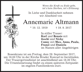 Traueranzeige von Annemarie Altmann von merkurtz
