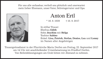 Traueranzeige von Anton Ertl von merkurtz