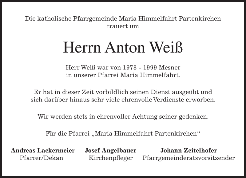  Traueranzeige für Anton Weiß vom 04.09.2017 aus merkurtz