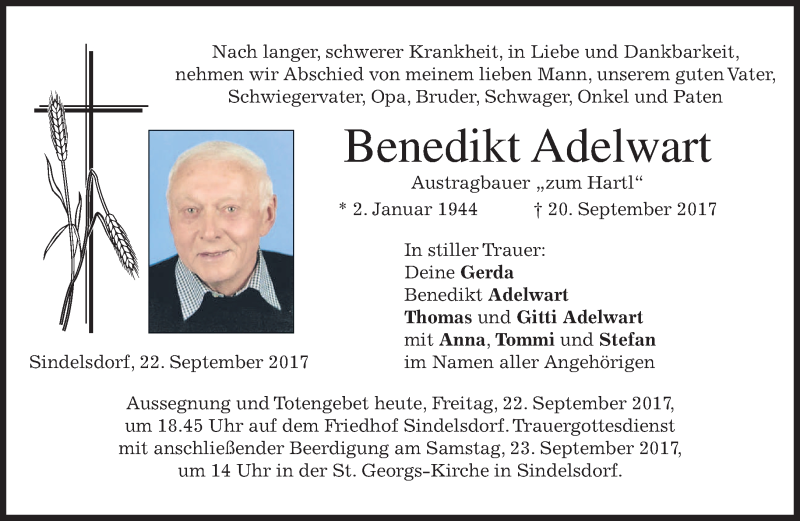  Traueranzeige für Benedikt Adelwart vom 22.09.2017 aus merkurtz