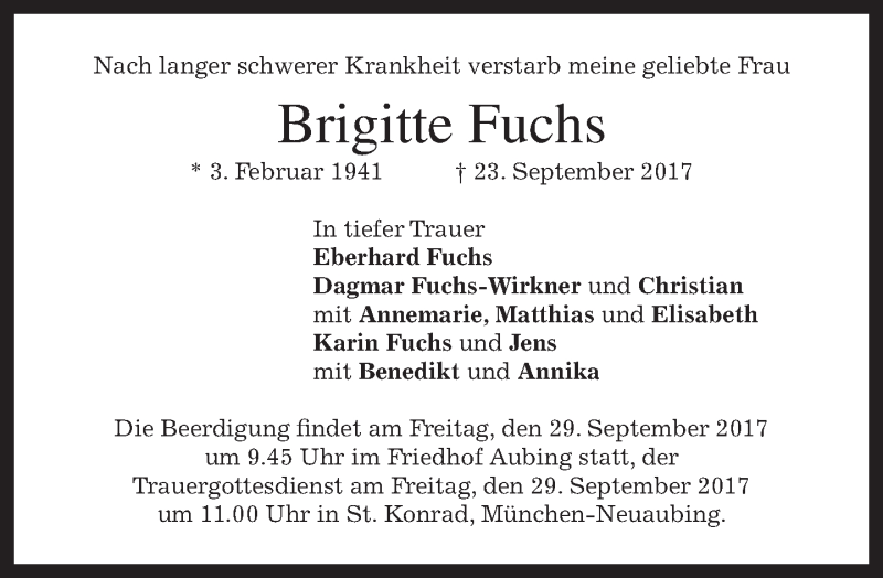  Traueranzeige für Brigitte Fuchs vom 27.09.2017 aus merkurtz