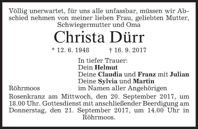  Traueranzeige für Christa Dürr vom 19.09.2017 aus merkurtz