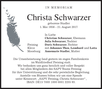 Traueranzeige von Christa Schwarzer von merkurtz