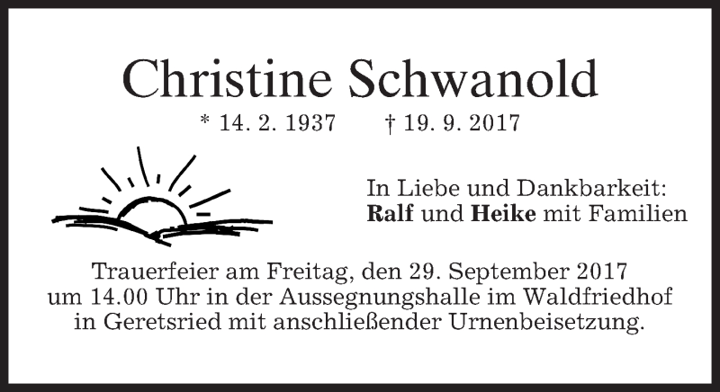  Traueranzeige für Christine Schwanold vom 23.09.2017 aus merkurtz
