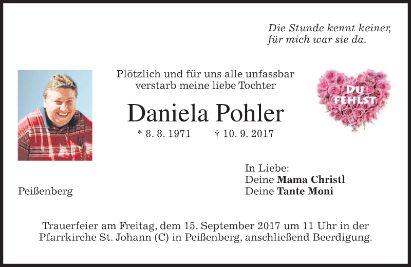  Traueranzeige für Daniela Pohler vom 13.09.2017 aus merkurtz