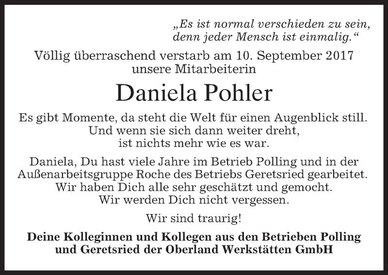  Traueranzeige für Daniela Pohler vom 14.09.2017 aus merkurtz
