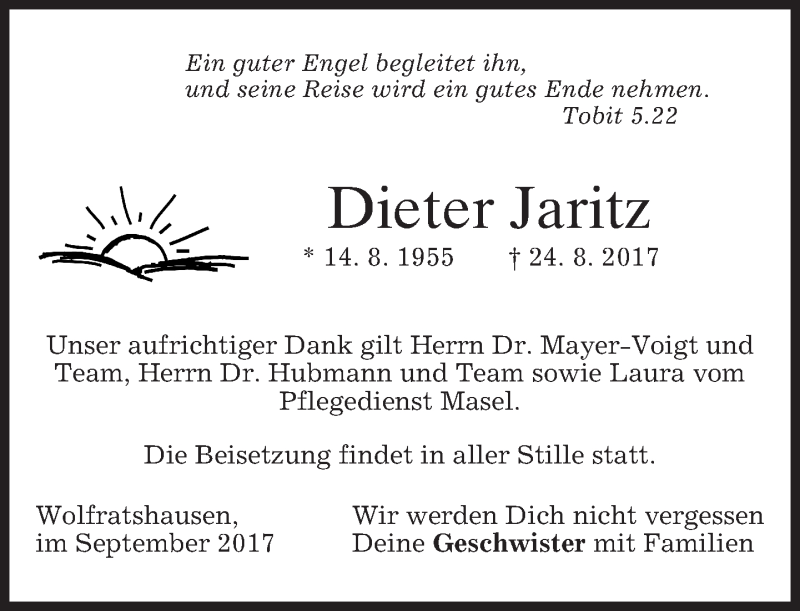  Traueranzeige für Dieter Jaritz vom 02.09.2017 aus merkurtz