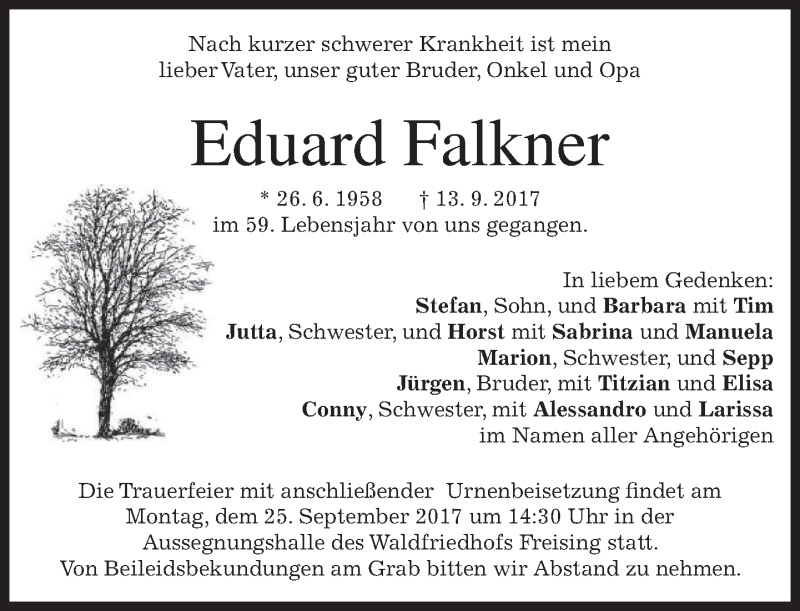  Traueranzeige für Eduard Falkner vom 22.09.2017 aus merkurtz