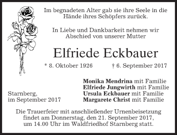 Traueranzeige von Elfriede Eckbauer von merkurtz