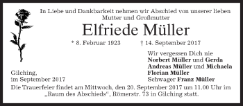 Traueranzeige von Elfriede Müller von merkurtz