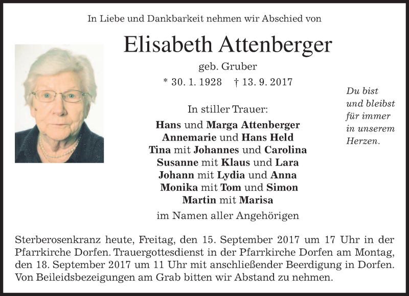  Traueranzeige für Elisabeth Attenberger vom 15.09.2017 aus merkurtz