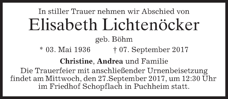 Traueranzeige für Elisabeth Lichtenöcker vom 23.09.2017 aus merkurtz