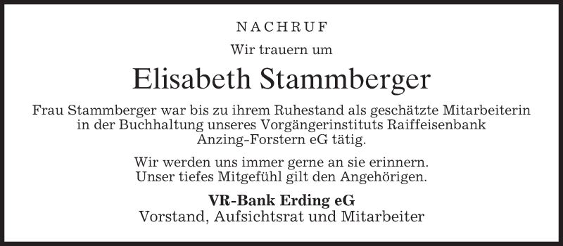  Traueranzeige für Elisabeth Stammberger vom 30.09.2017 aus merkurtz