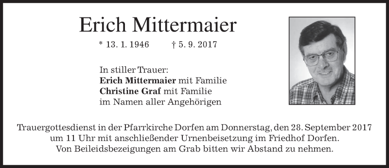  Traueranzeige für Erich Mittermaier vom 26.09.2017 aus merkurtz