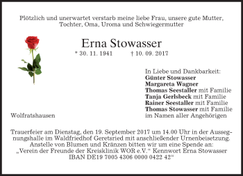 Traueranzeige von Erna Stowasser von merkurtz