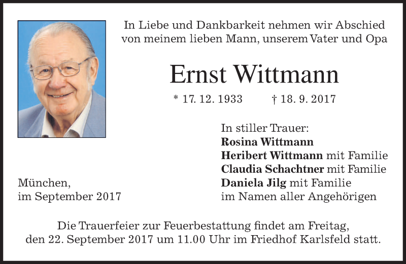  Traueranzeige für Ernst Wittmann vom 20.09.2017 aus merkurtz