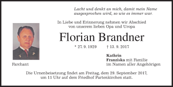 Traueranzeige von Florian Brandner von merkurtz