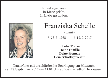 Traueranzeige von Franziska Schelle von merkurtz