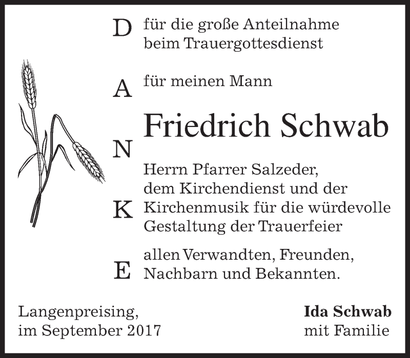  Traueranzeige für Friedrich Schwab vom 23.09.2017 aus merkurtz