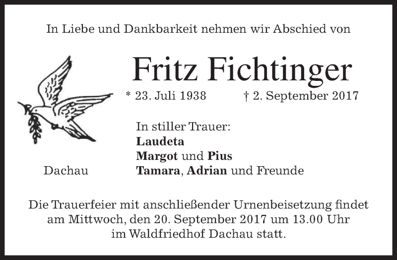  Traueranzeige für Fritz Fichtinger vom 16.09.2017 aus merkurtz