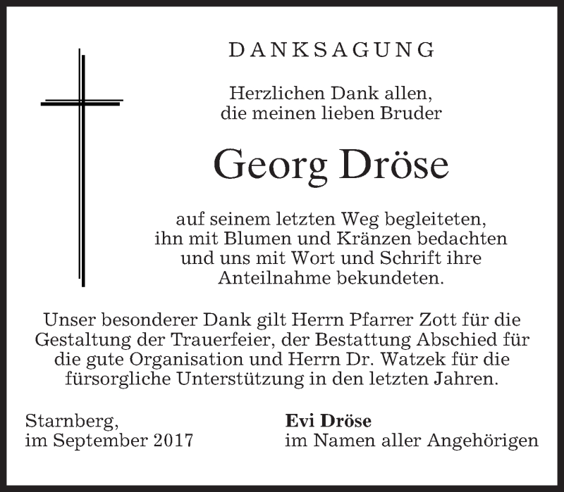  Traueranzeige für Georg Dröse vom 23.09.2017 aus merkurtz