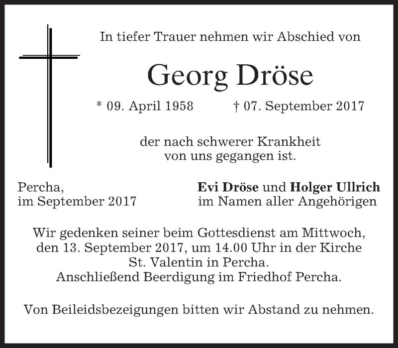  Traueranzeige für Georg Dröse vom 09.09.2017 aus merkurtz