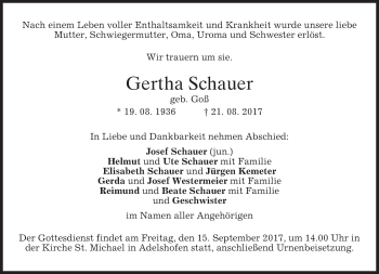 Traueranzeige von Gertha Schauer von merkurtz