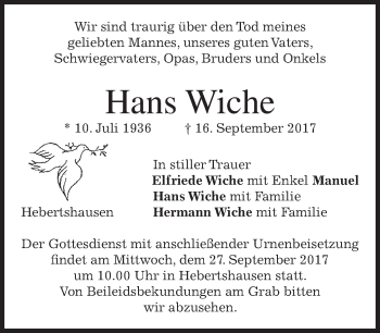 Traueranzeige von Hans Wiche von merkurtz