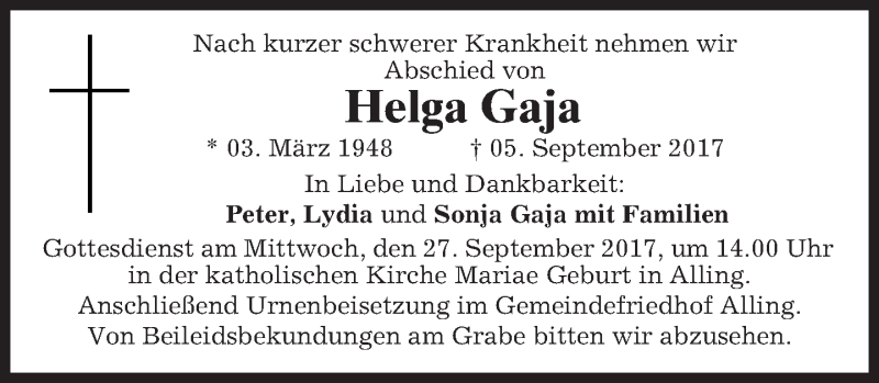  Traueranzeige für Helga Gaja vom 16.09.2017 aus merkurtz