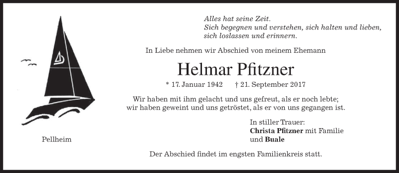  Traueranzeige für Helmar Pfitzner vom 30.09.2017 aus merkurtz