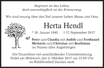Traueranzeige von Herta Hendl von merkurtz