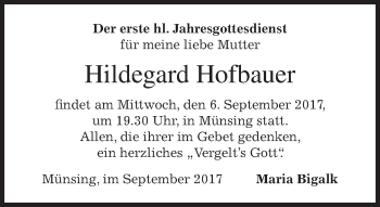 Traueranzeige von Hildegard Hofbauer von merkurtz