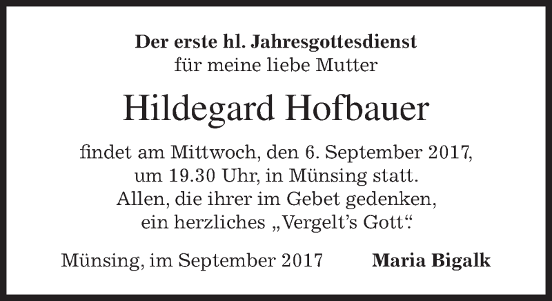  Traueranzeige für Hildegard Hofbauer vom 04.09.2017 aus merkurtz