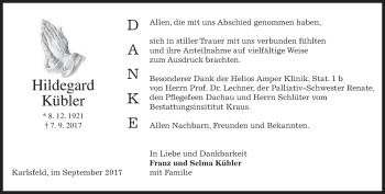 Traueranzeige von Hildegard Kübler von merkurtz