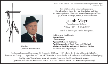 Traueranzeige von Jakob Mayr von merkurtz