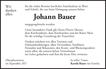 Traueranzeige von Johann Bauer von merkurtz
