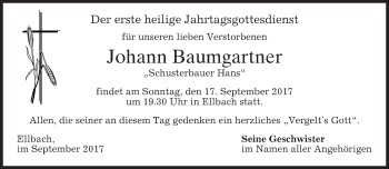Traueranzeige von Johann Baumgartner von merkurtz