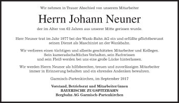 Traueranzeige von Johann Neuner von merkurtz