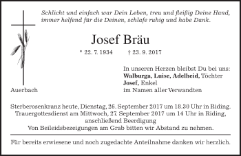 Traueranzeige von Josef Bräu von merkurtz