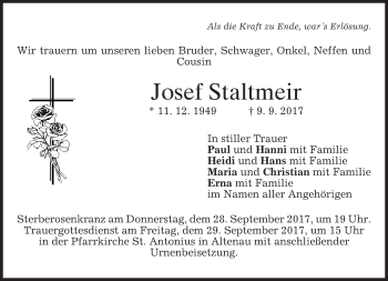 Traueranzeige von Josef Staltmeir von merkurtz