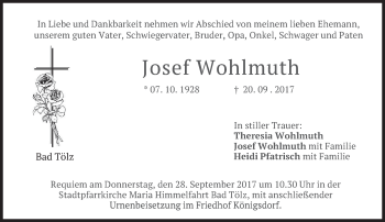 Traueranzeige von Josef Wohlmuth von merkurtz