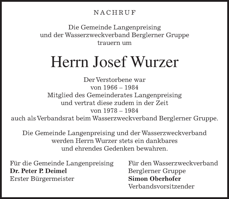  Traueranzeige für Josef Wurzer vom 01.09.2017 aus merkurtz