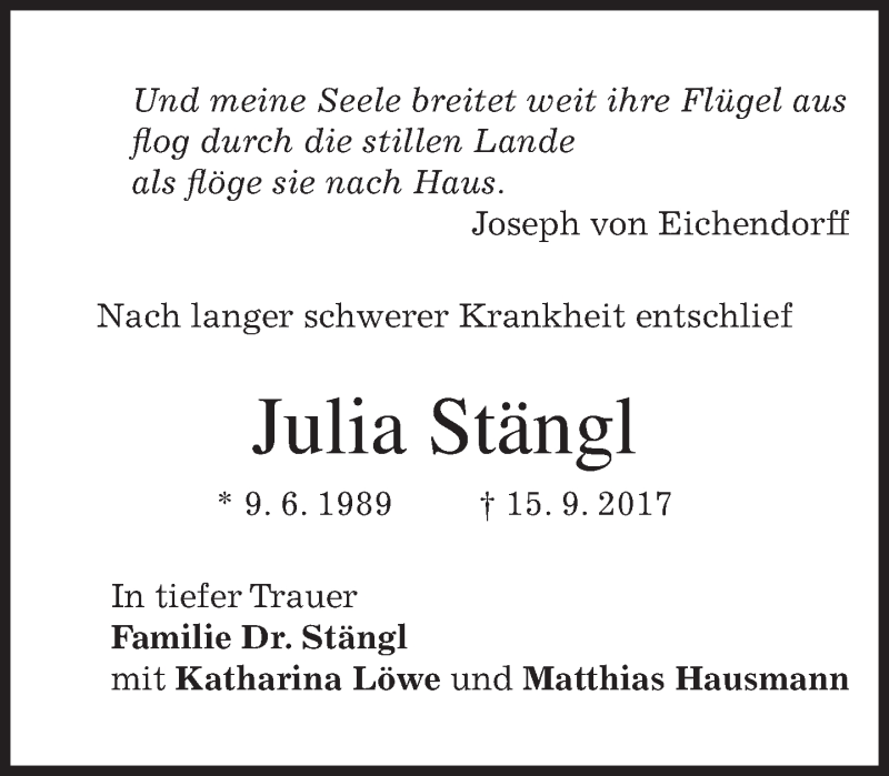  Traueranzeige für Julia Stängl vom 20.09.2017 aus merkurtz