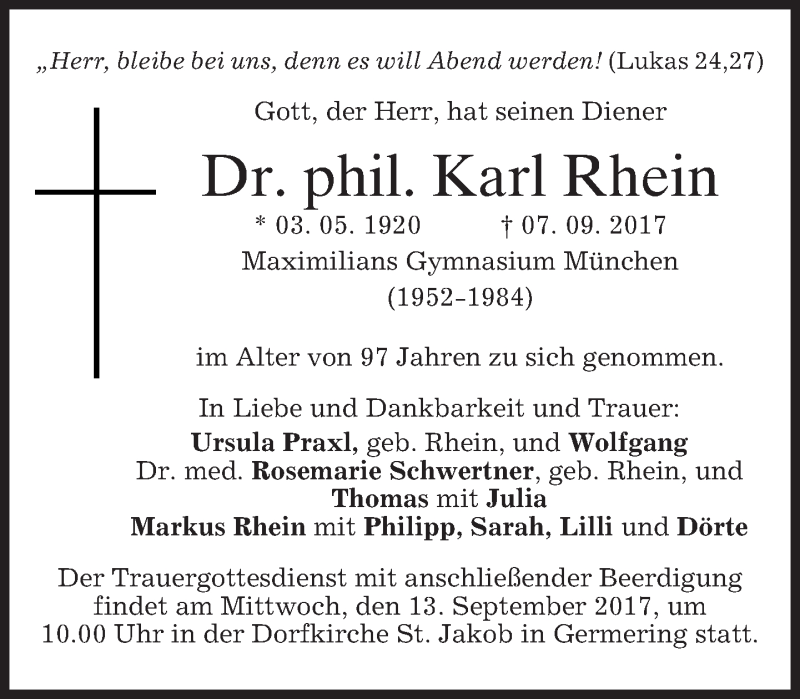  Traueranzeige für Karl Rhein vom 11.09.2017 aus merkurtz