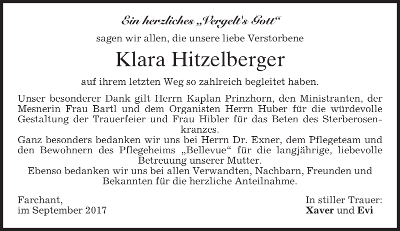  Traueranzeige für Klara Hitzelberger vom 09.09.2017 aus merkurtz