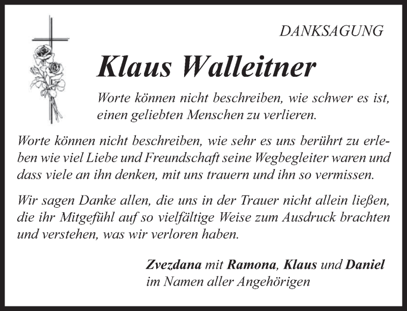  Traueranzeige für Klaus Walleitner vom 30.09.2017 aus merkurtz