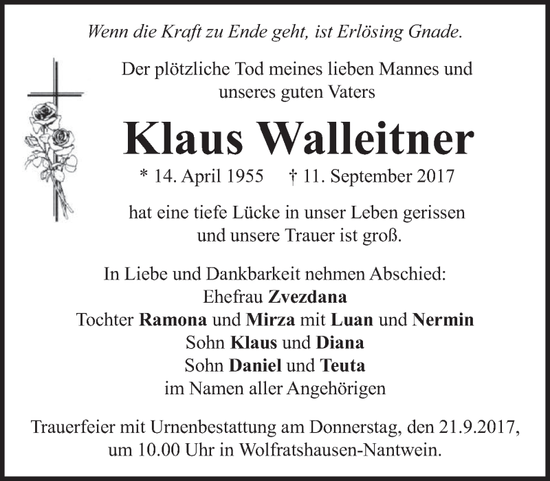  Traueranzeige für Klaus Walleitner vom 19.09.2017 aus merkurtz